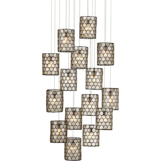 001 SI-1924134 | Primary Silo | Regatta Round 15-Light Multi-Drop Pendant by Currey and Company in cupertino, silver. Made from cupertino, iron, capiz shell in a modern style.