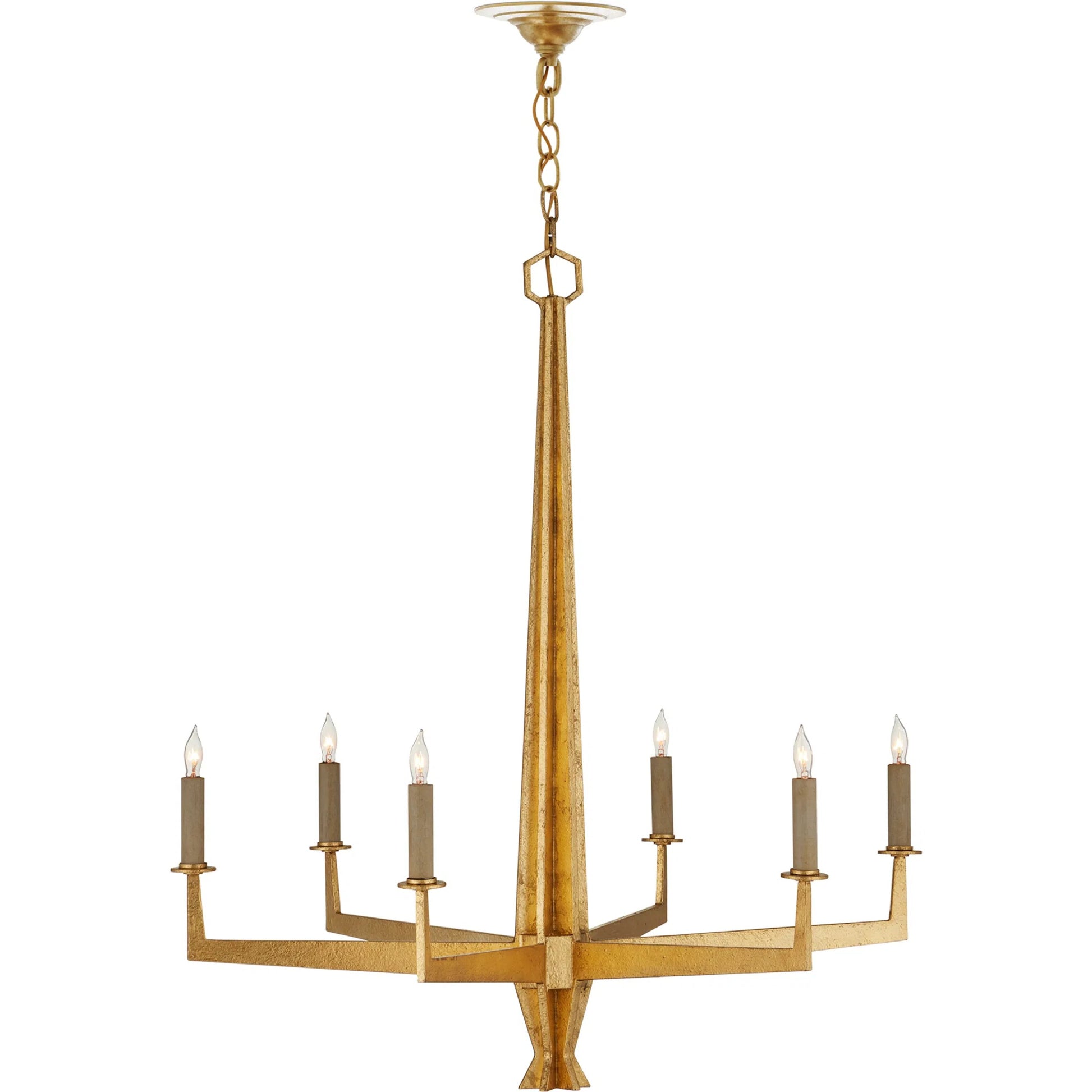 Goldfinch Chandelier by Currey and Company in washed lucerne gold. Made from wrought iron in a modern style.