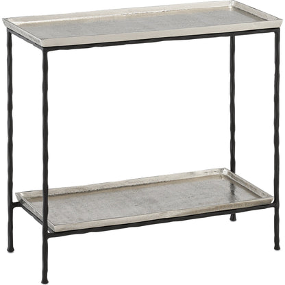 Boyles Brass Side Table by Currey and Company in antique brass, black. Made from cast aluminum, iron in a transitional style.