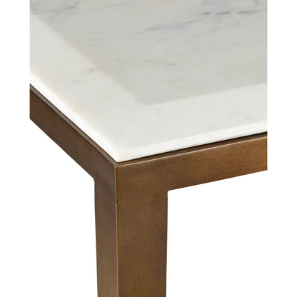 Oblique Marble Console Table by Currey and Company in natural, antique brass. Made from white lilac marble, iron, engineered wood in a modern style.
