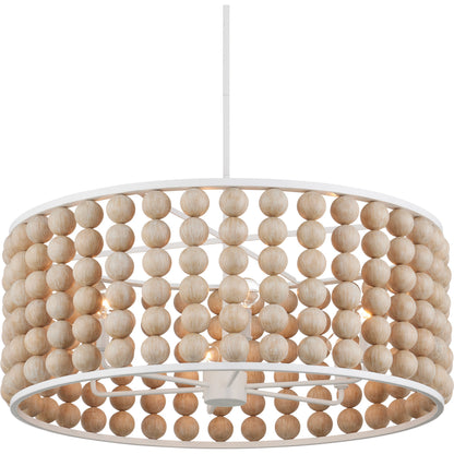 Holcroft Chandelier by Currey and Company in sandstone, sugar white. Made from wood beads, wrought iron in a modern style.