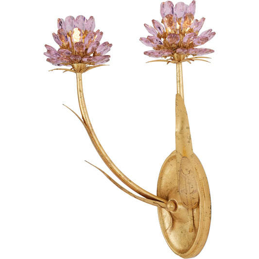 Marilee Double-Light Wall Sconce by Currey and Company in pink, dutch gold leaf. Made from crystal, wrought iron in a unique style.