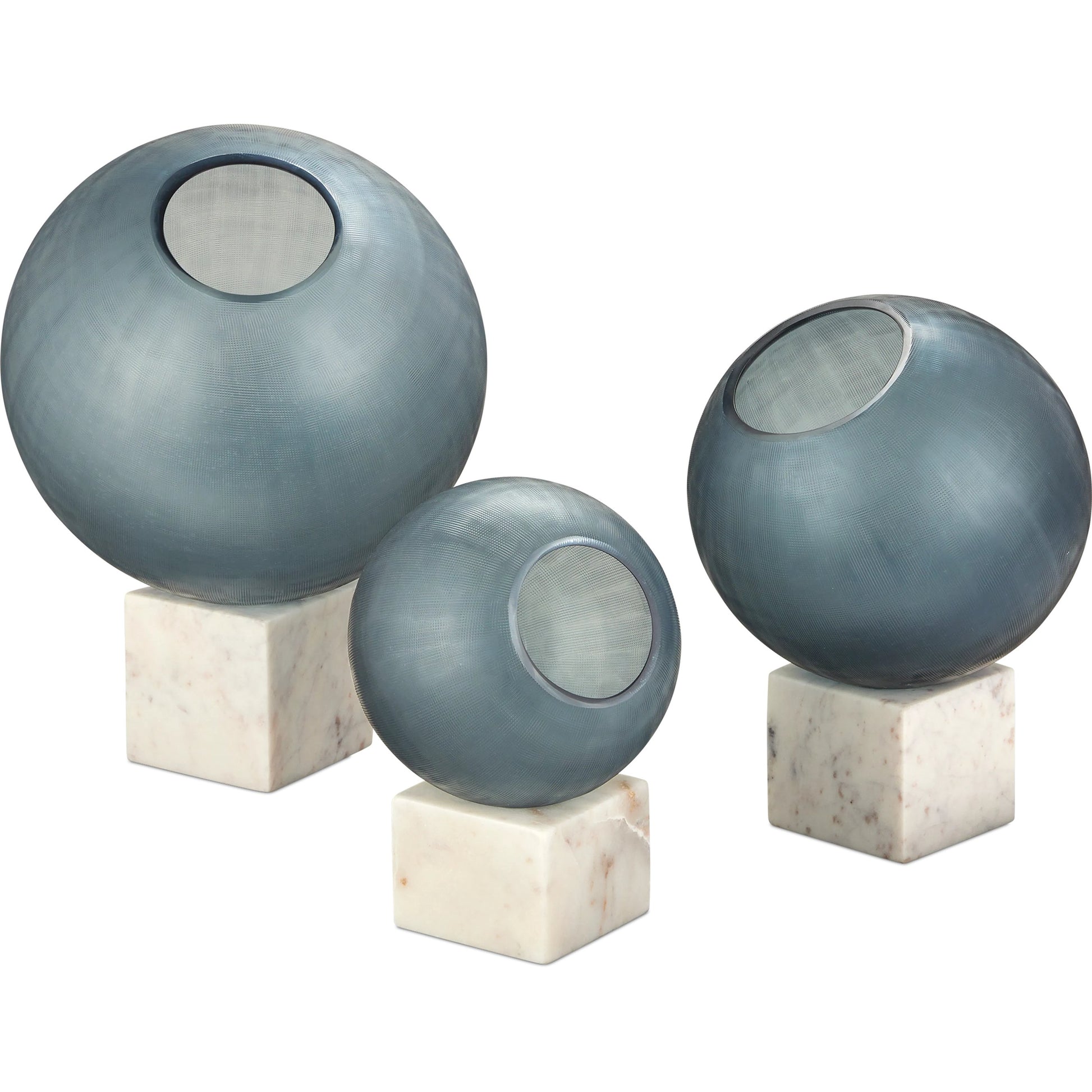 Fresno Orb Set by Currey and Company in indigo blue, natural. Made from glass, marble in a modern style.