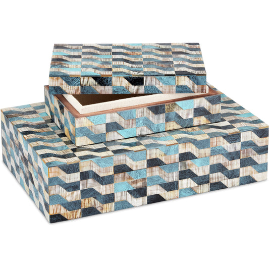 Ezra Box Set by Currey and Company in blue, natural, linen. Made from bone, chiseled horn, linen in a modern style.