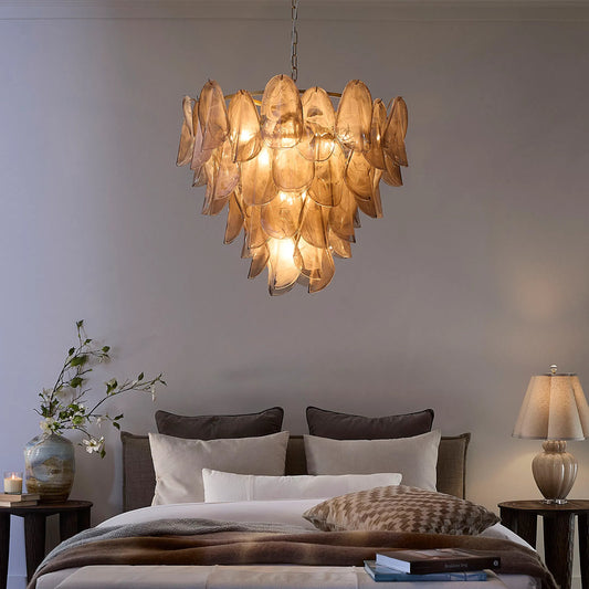 Magnolia Chandelier by The Livingston Collection in grey and smoke grey, brass. Made from quartz glass, metal: iron in a unique style.