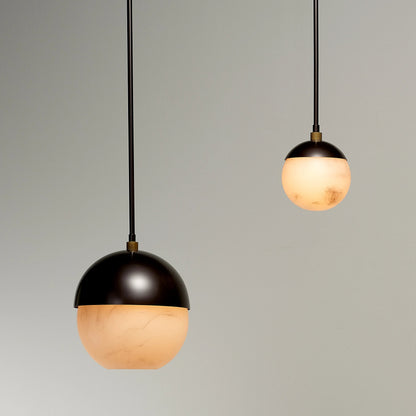 Metro Pendant by Jamie Young in oil rubbed bronze, antique brass. Made from faux alabaster, steel in a modern style.