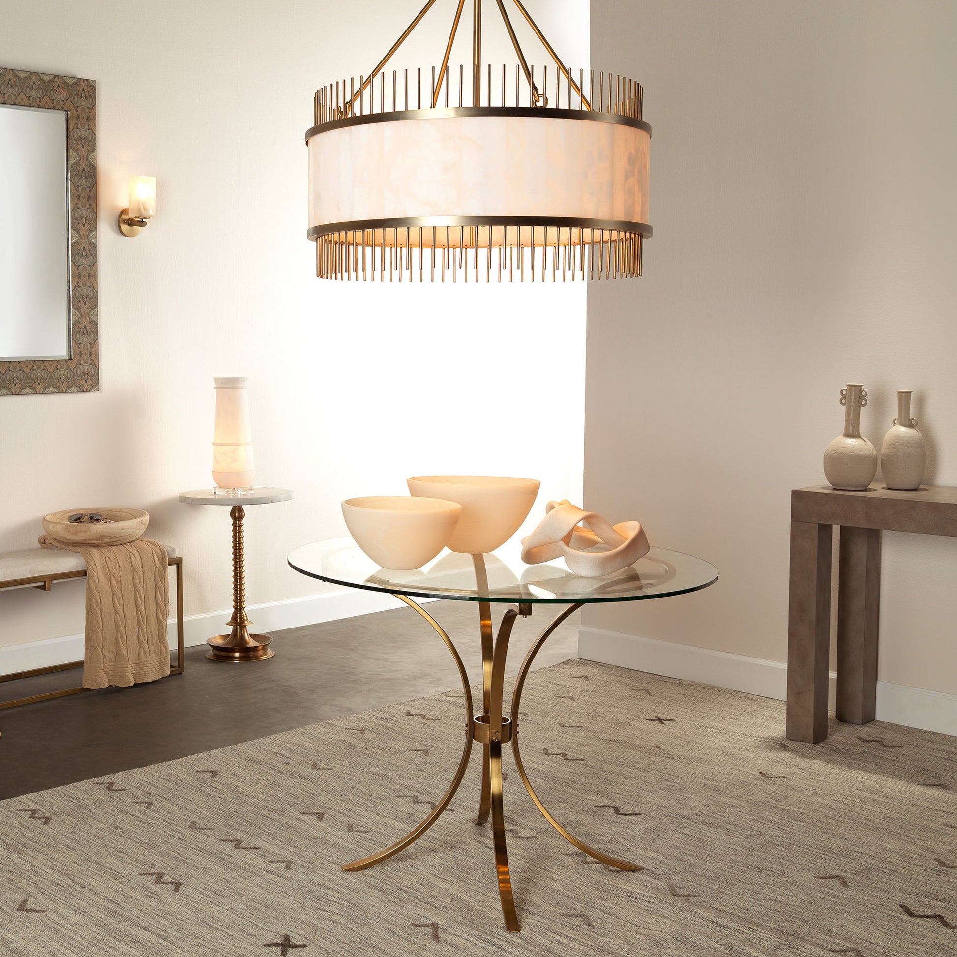 Upsala Chandelier by Jamie Young in pale lavender agate, antique brass. Made from steel, agate in a modern style.