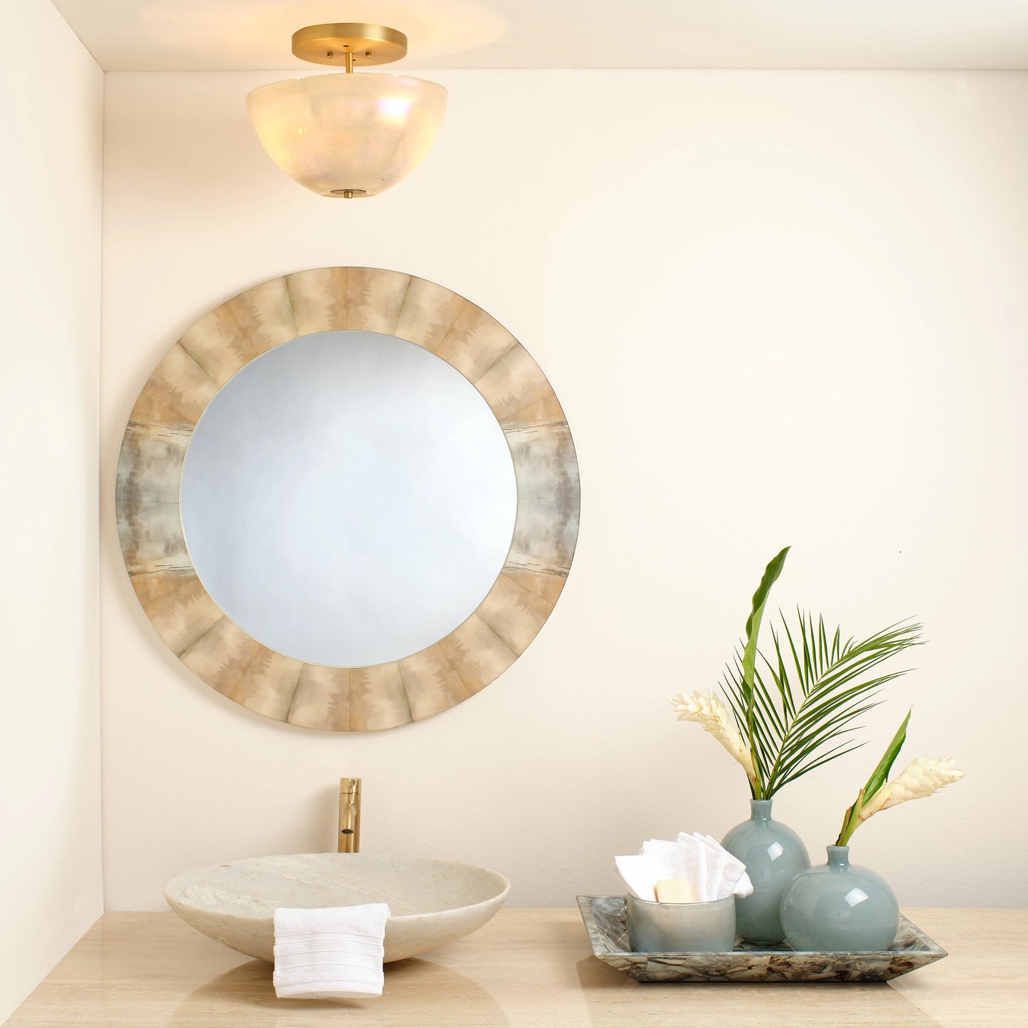 005 SI-1961333 | Lifestyle | Vapor Bowl Semi-Flush Mount by Jamie Young in antique brass, grey metallic glass. Made from glass in a modern style.