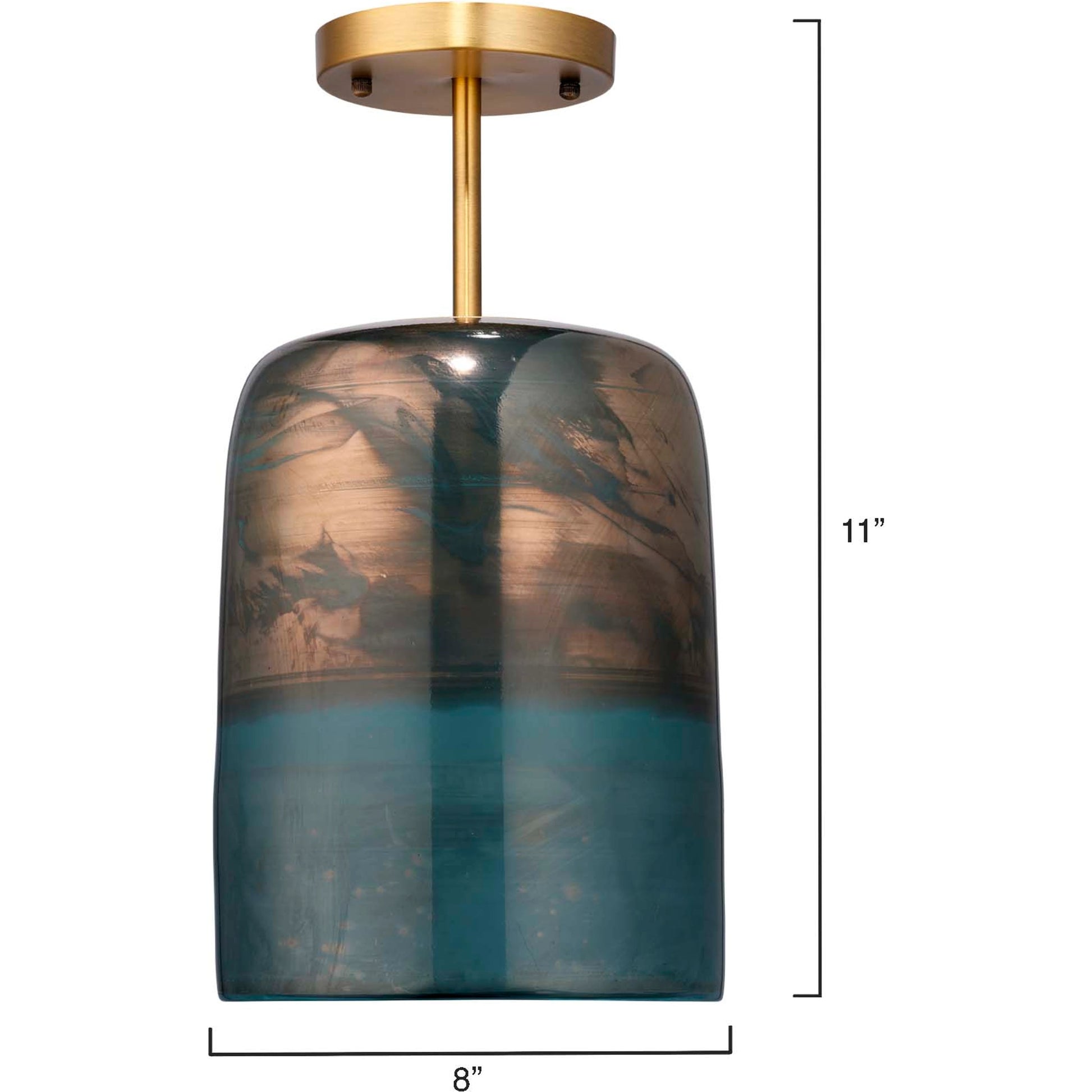 Vapor Semi-Flush Mount by Jamie Young in antique brass, aqua metallic glass. Made from glass in a modern style.