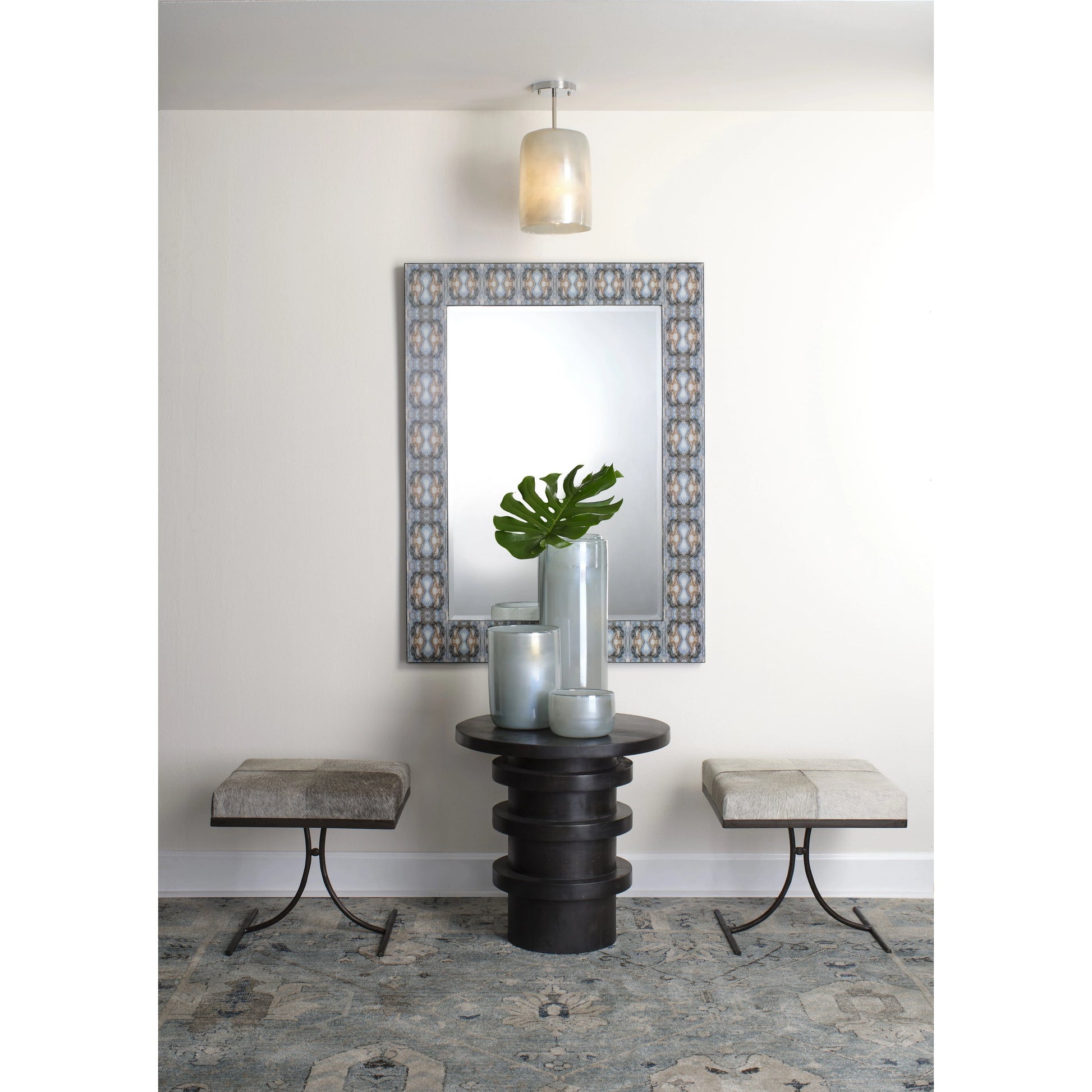 Vapor Semi-Flush Mount by Jamie Young in antique brass, aqua metallic glass. Made from glass in a modern style.