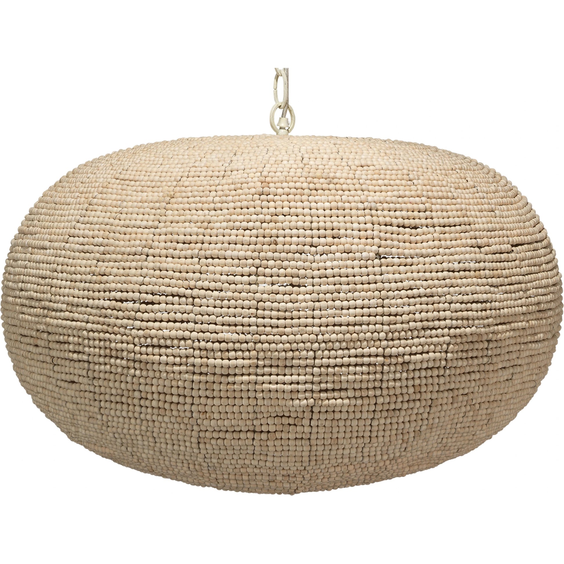 Whirlpool Pendant by Jamie Young in off white beads. Made from iron, mango wood in a coastal style.