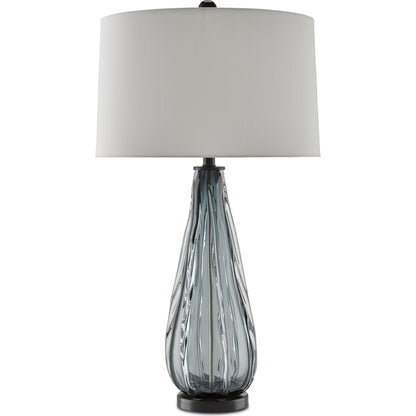 Nightcap Table Lamp by Currey and Company in blue-gray, clear, black. Made from glass, metal in a traditional style.