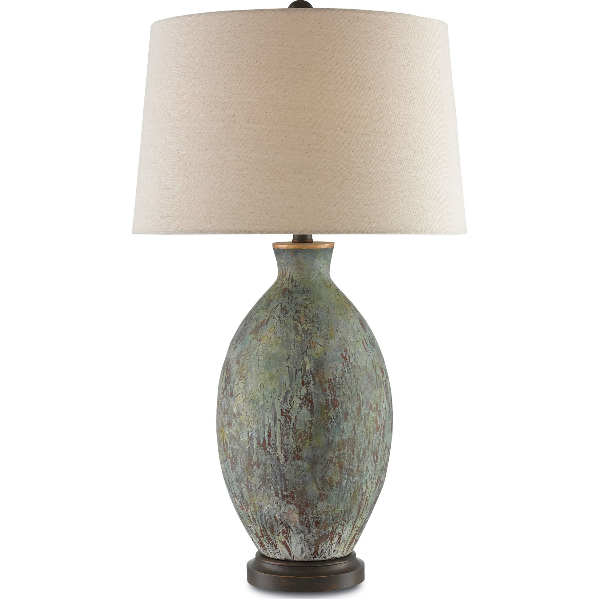 Remi Table Lamp by Currey and Company in green, dark red drip glaze, bronze gold. Made from terracotta, wood in a traditional style.