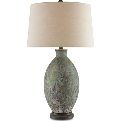Remi Table Lamp by Currey and Company in green, dark red drip glaze, bronze gold. Made from terracotta, wood in a traditional style.