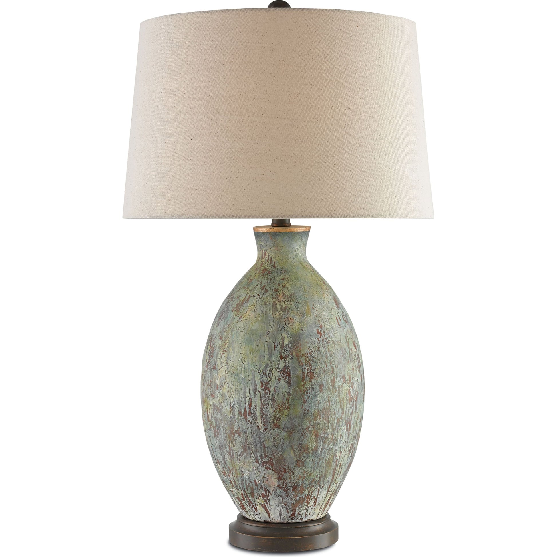 Remi Table Lamp by Currey and Company in green, dark red drip glaze, bronze gold. Made from terracotta, wood in a traditional style.