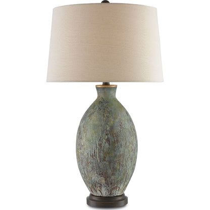 Remi Table Lamp by Currey and Company in green, dark red drip glaze, bronze gold. Made from terracotta, wood in a traditional style.