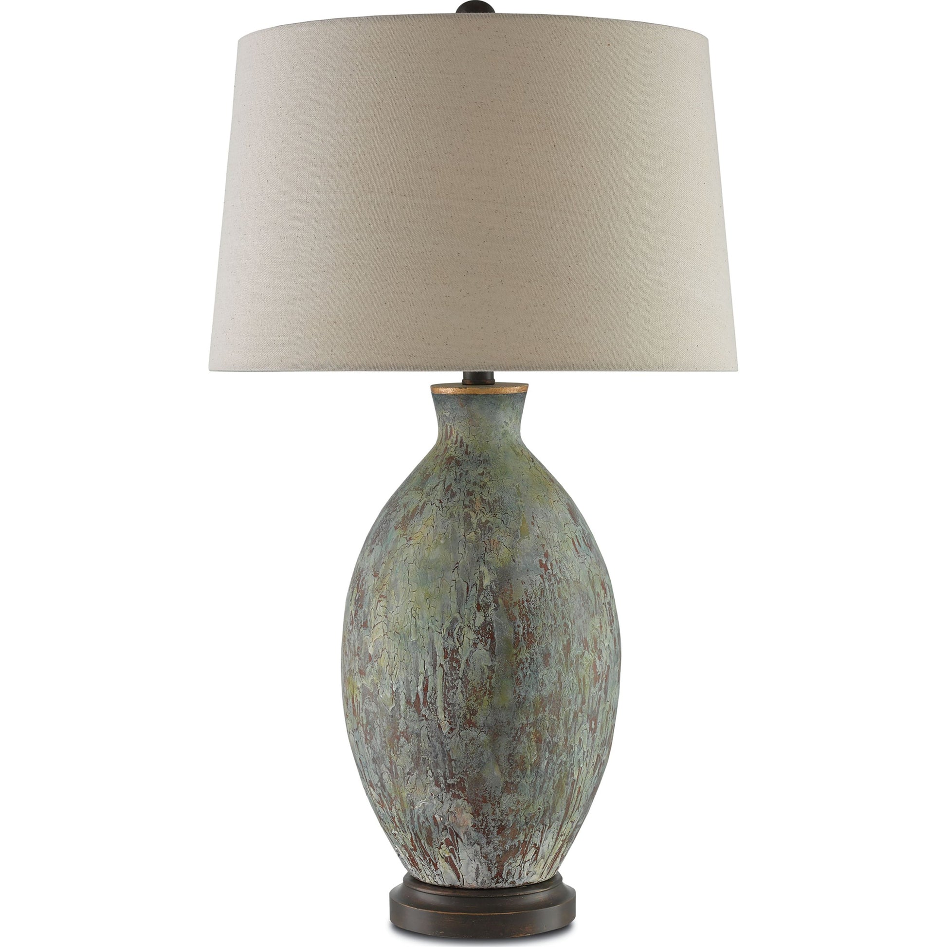 Remi Table Lamp by Currey and Company in green, dark red drip glaze, bronze gold. Made from terracotta, wood in a traditional style.