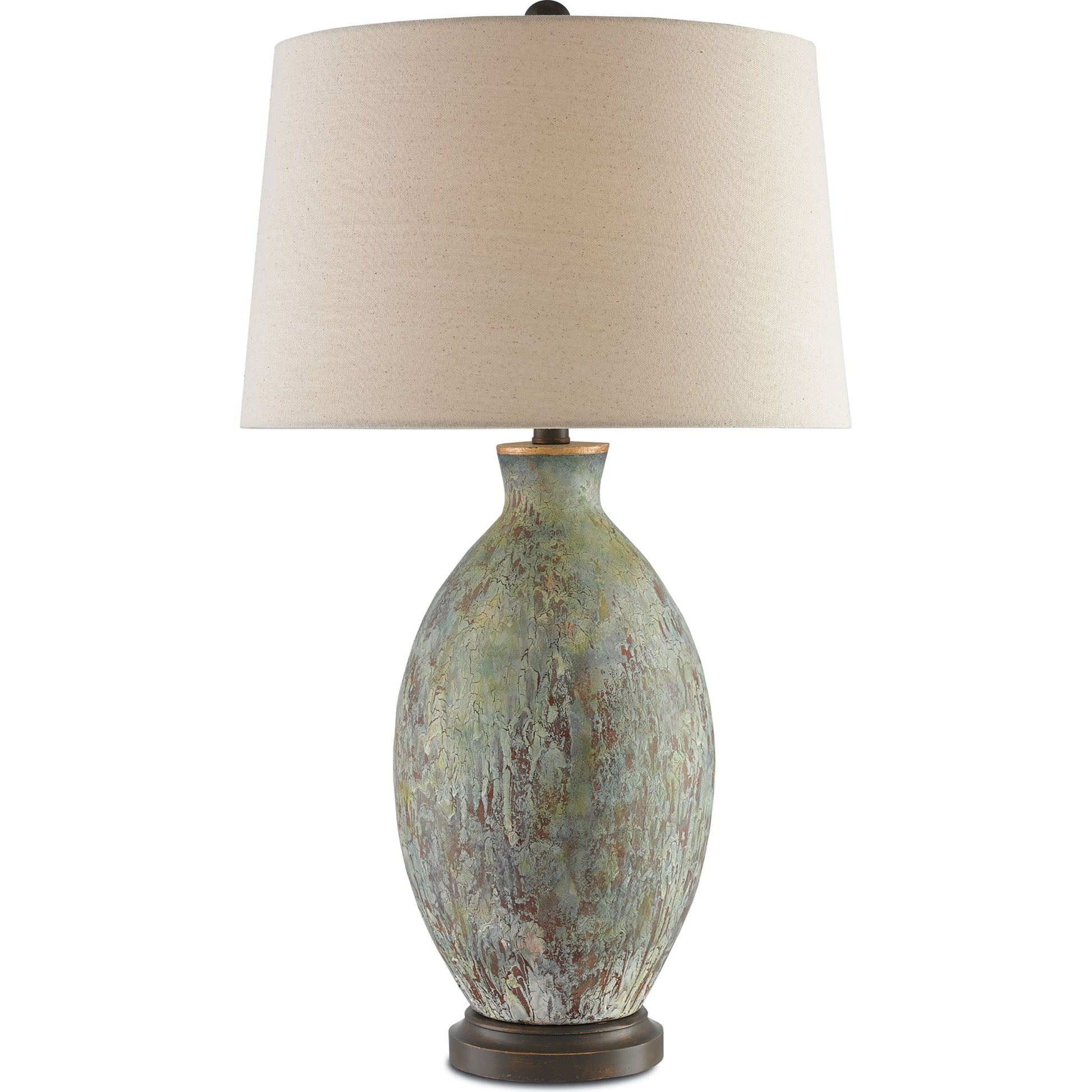 Remi Table Lamp by Currey and Company in green, dark red drip glaze, bronze gold. Made from terracotta, wood in a traditional style.
