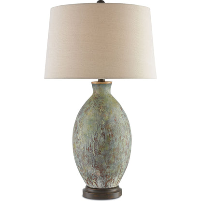 Remi Table Lamp by Currey and Company in green, dark red drip glaze, bronze gold. Made from terracotta, wood in a traditional style.