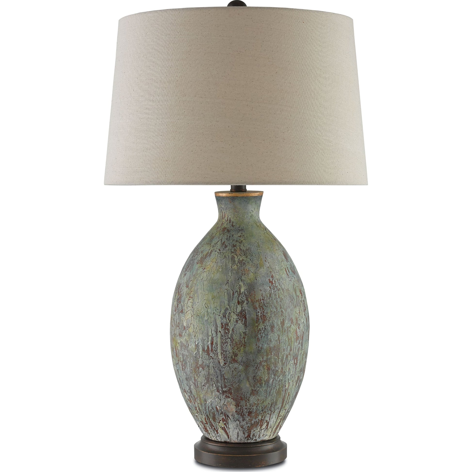 Remi Table Lamp by Currey and Company in green, dark red drip glaze, bronze gold. Made from terracotta, wood in a traditional style.