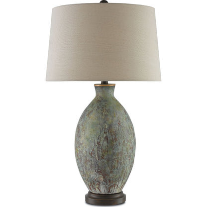 Remi Table Lamp by Currey and Company in green, dark red drip glaze, bronze gold. Made from terracotta, wood in a traditional style.