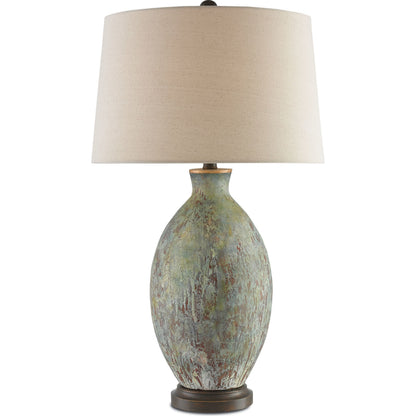 Remi Table Lamp by Currey and Company in green, dark red drip glaze, bronze gold. Made from terracotta, wood in a traditional style.