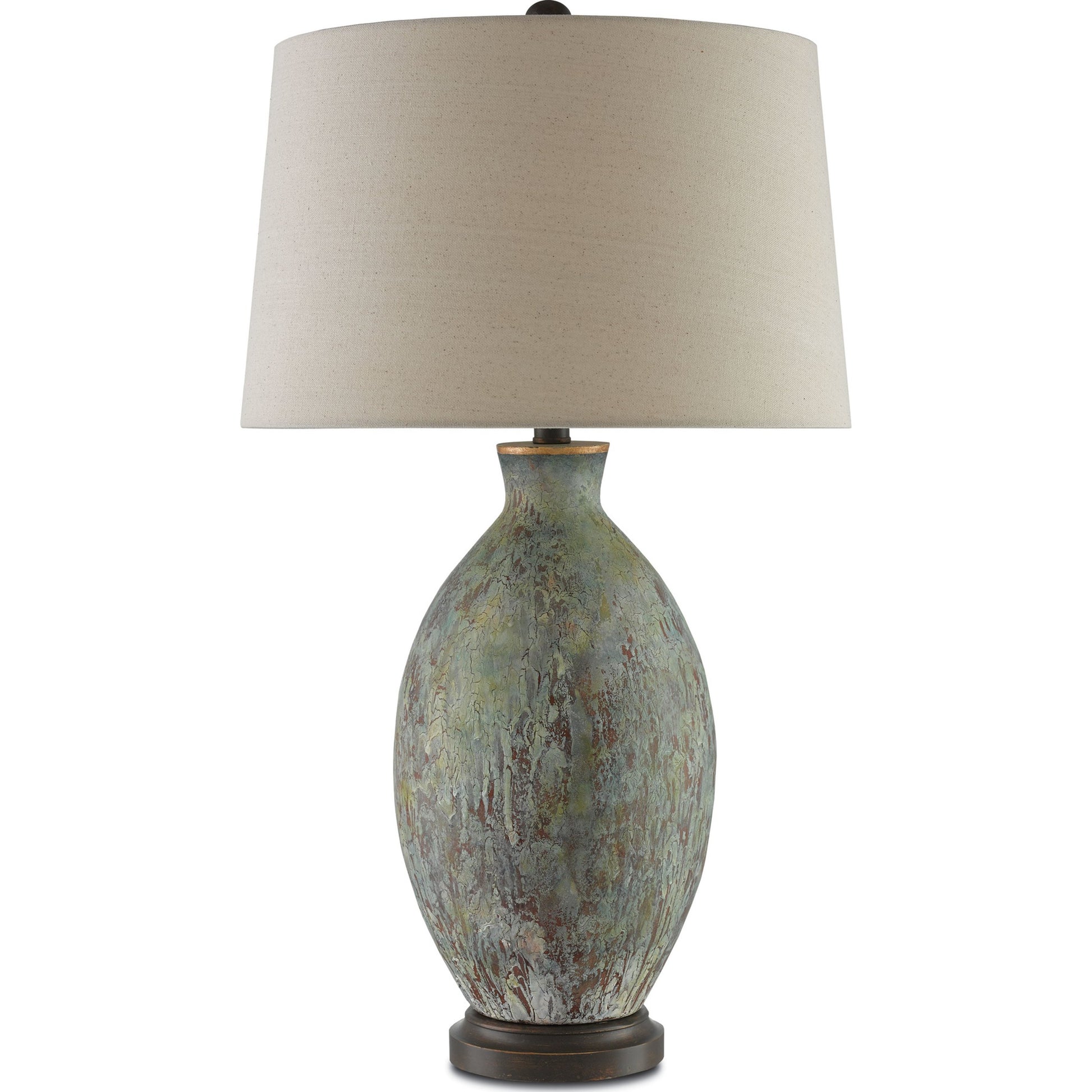 Remi Table Lamp by Currey and Company in green, dark red drip glaze, bronze gold. Made from terracotta, wood in a traditional style.