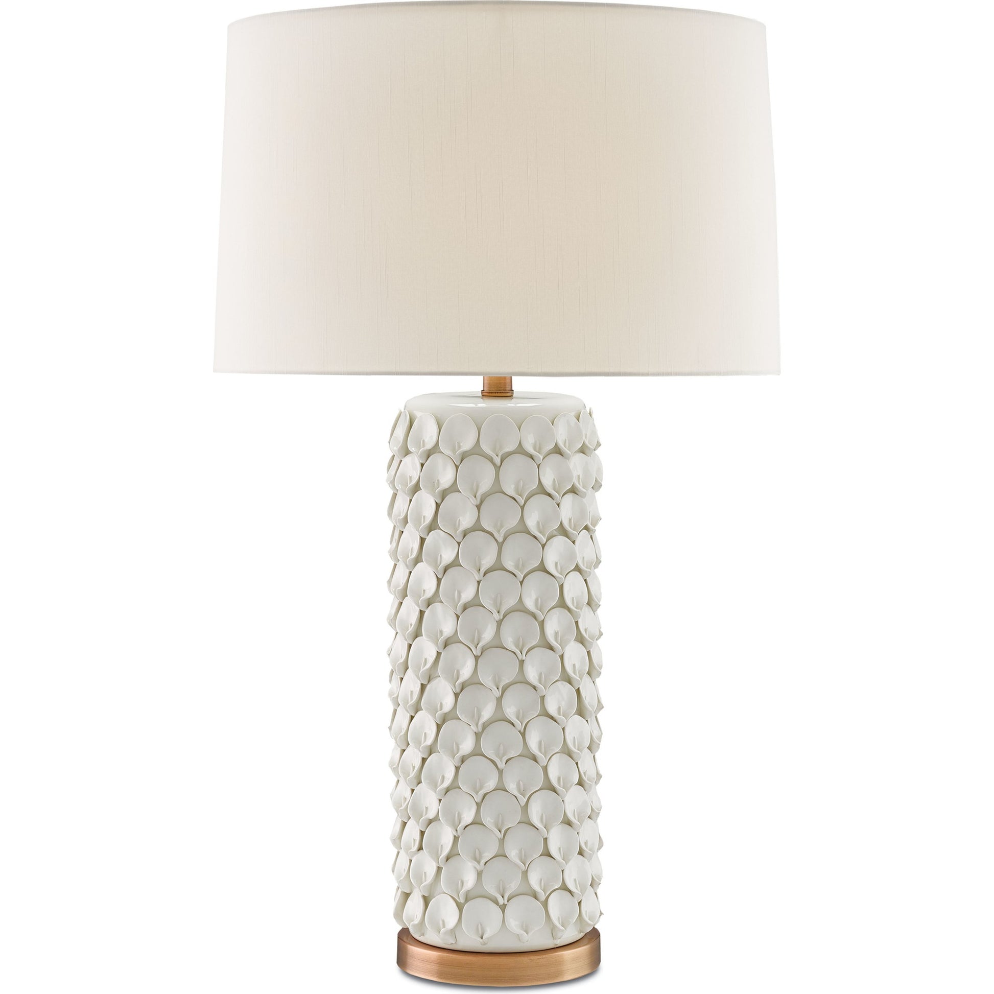 Calla Lily Table Lamp by Currey and Company in cream, antique brass. Made from ceramic, metal in a coastal style.