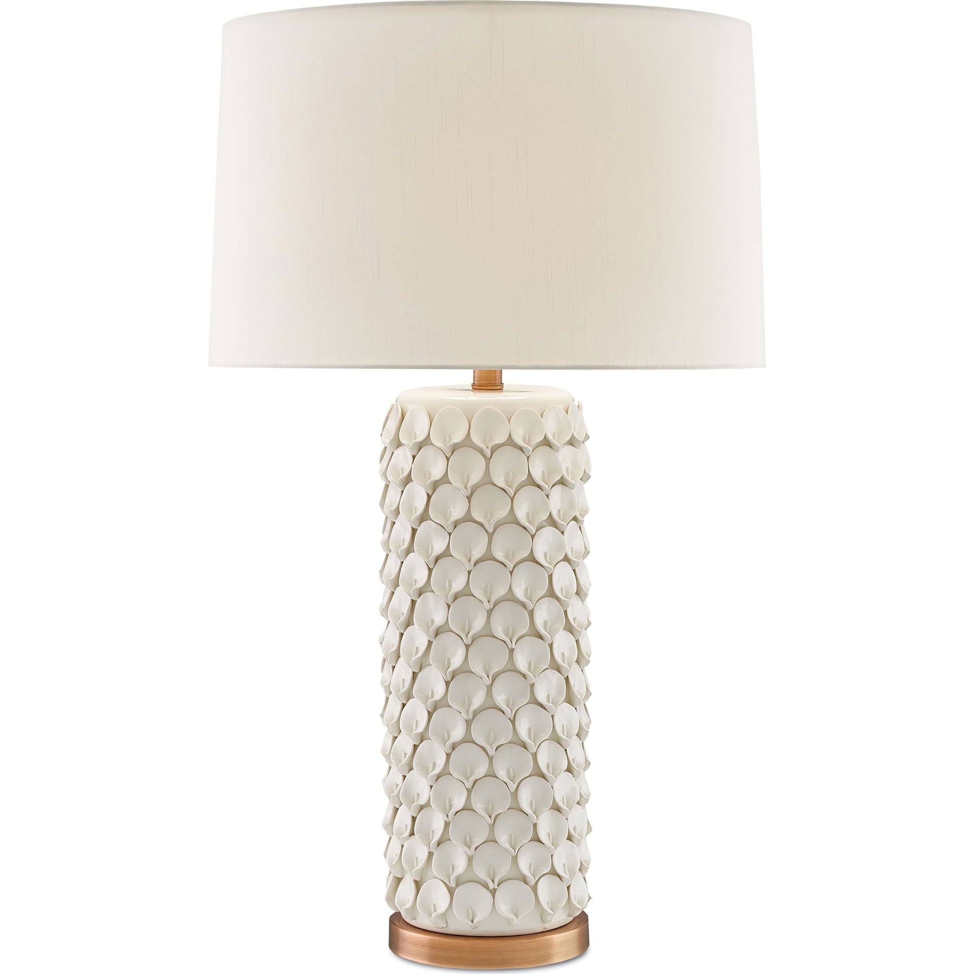 Calla Lily Table Lamp by Currey and Company in cream, antique brass. Made from ceramic, metal in a coastal style.