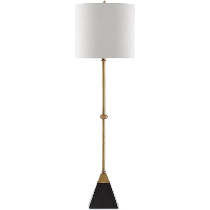 Recluse Table Lamp by Currey and Company in vintage brass, black. Made from brass, granite in a modern style.