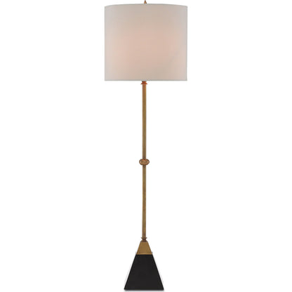 Recluse Table Lamp by Currey and Company in vintage brass, black. Made from brass, granite in a modern style.