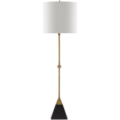 Recluse Table Lamp by Currey and Company in vintage brass, black. Made from brass, granite in a modern style.