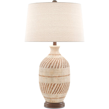 Faiyum Table Lamp by Currey and Company in tan, brown, hand-rubbed bronze. Made from terracotta, wood in a coastal style.