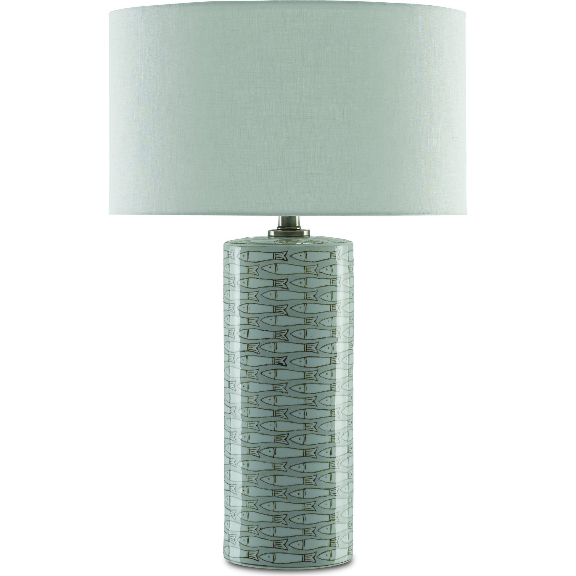 Fisch Table Lamp by Currey and Company in gray, white, antique nickel. Made from porcelain in a coastal style.