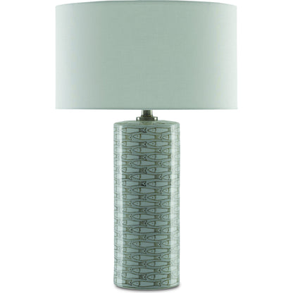 Fisch Table Lamp by Currey and Company in gray, white, antique nickel. Made from porcelain in a coastal style.