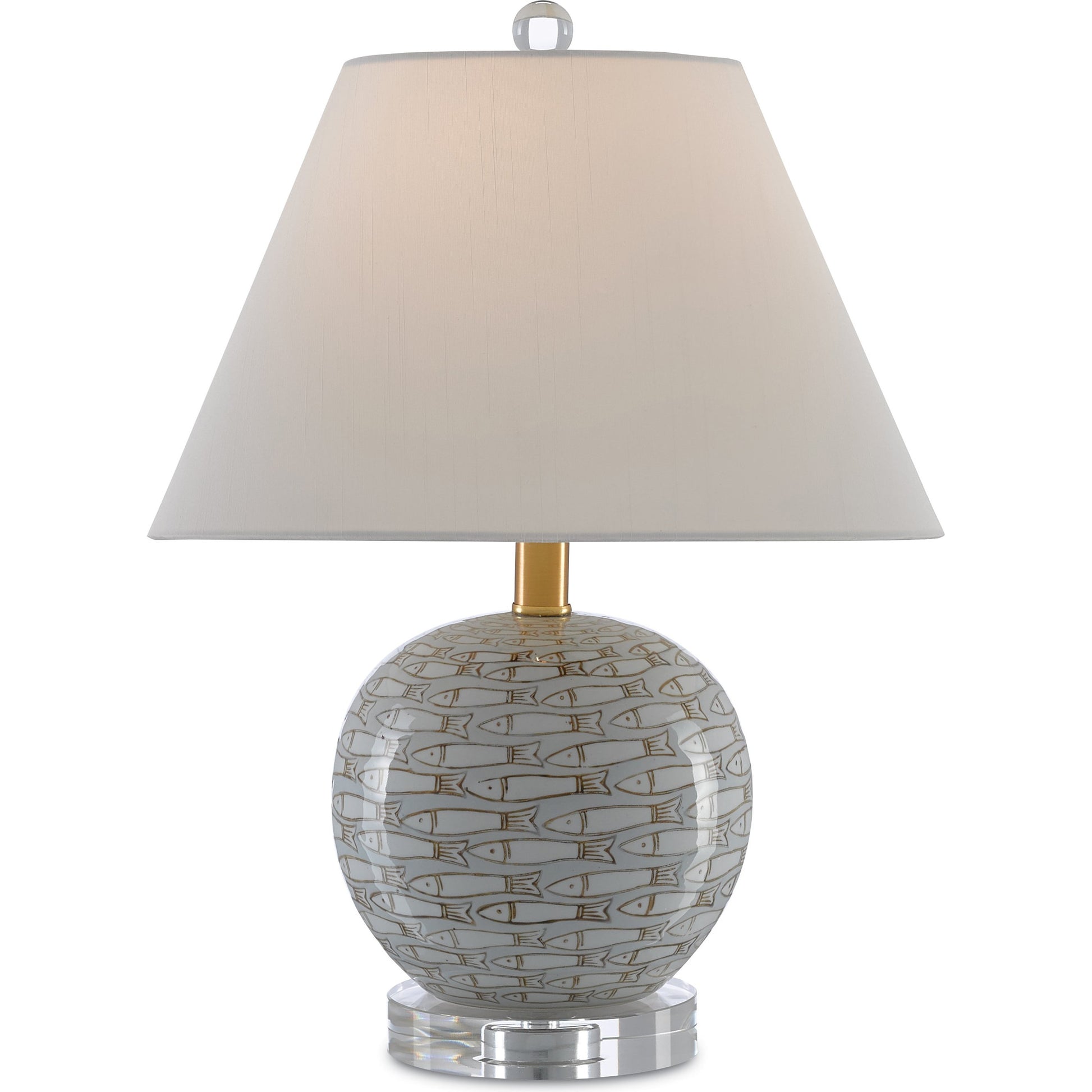 Fisch Table Lamp by Currey and Company in gray, white, antique nickel. Made from porcelain in a coastal style.