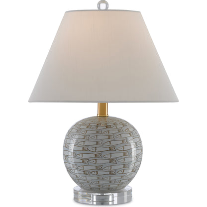 Fisch Table Lamp by Currey and Company in gray, white, antique nickel. Made from porcelain in a coastal style.