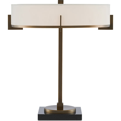 Jacobi Table Lamp by Currey and Company in antique brass, black. Made from metal, marble in a transitional style.