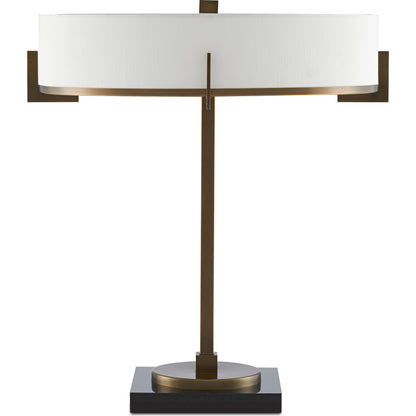 Jacobi Table Lamp by Currey and Company in antique brass, black. Made from metal, marble in a transitional style.