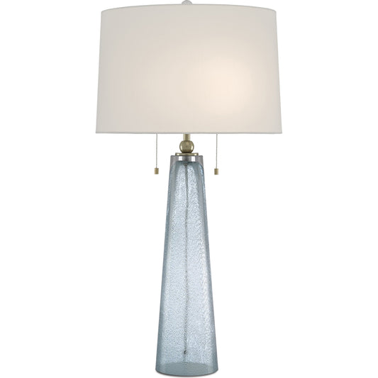 Looke Table Lamp by Currey and Company in blue, brass. Made from glass, metal in a coastal style.