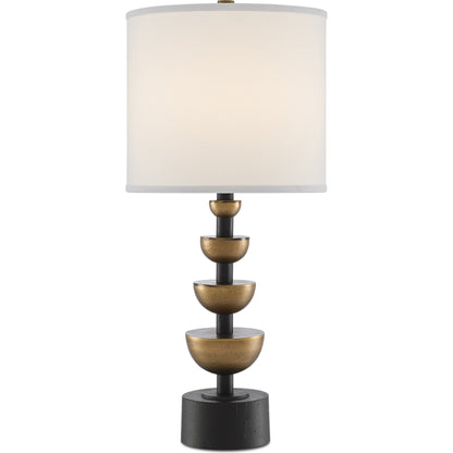 Chastain Table Lamp by Currey and Company in antique brass, black. Made from cast aluminum in a transitional style.