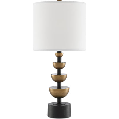 Chastain Table Lamp by Currey and Company in antique brass, black. Made from cast aluminum in a transitional style.