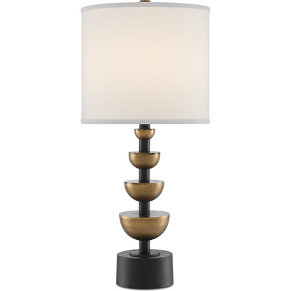Chastain Table Lamp by Currey and Company in antique brass, black. Made from cast aluminum in a transitional style.