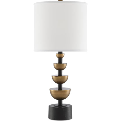 Chastain Table Lamp by Currey and Company in antique brass, black. Made from cast aluminum in a transitional style.
