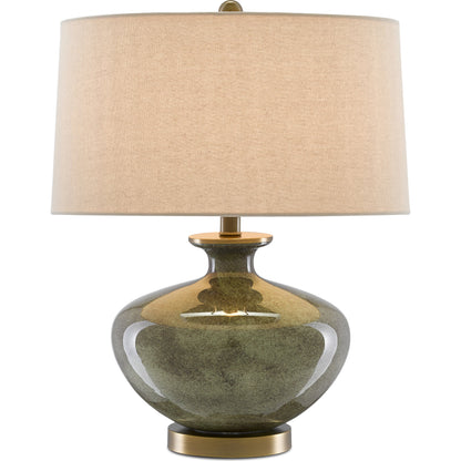 Greenlea Table Lamp by Currey and Company in dark gray, moss green, antique brass. Made from glass, metal in a transitional style.