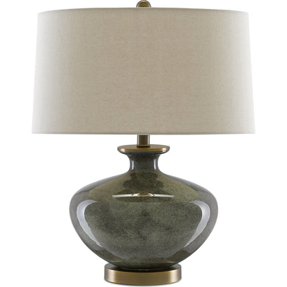 Greenlea Table Lamp by Currey and Company in dark gray, moss green, antique brass. Made from glass, metal in a transitional style.