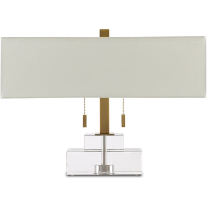 Chiara Table Lamp by Currey and Company in clear, antique brass. Made from optic crystal, metal in a transitional style.