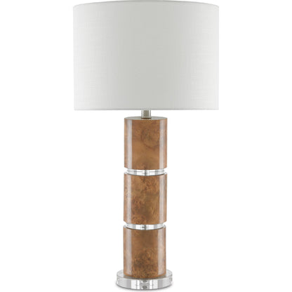 Table Lamp by Currey and Company in birdseye maple veneer. Made from composite, optic crystal in a transitional style.