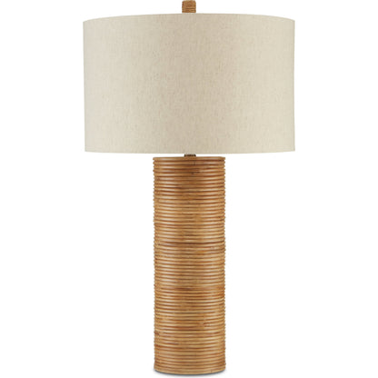 Salome Table Lamp by Currey and Company in brass, natural rattan. Made from wrought iron, rattan in a coastal style.