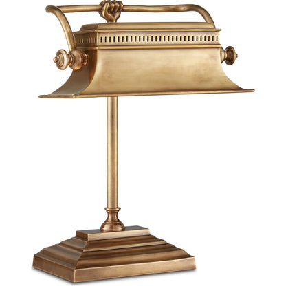 Malvasia Desk Lamp by Currey and Company in vintage brass. Made from brass in a traditional style.